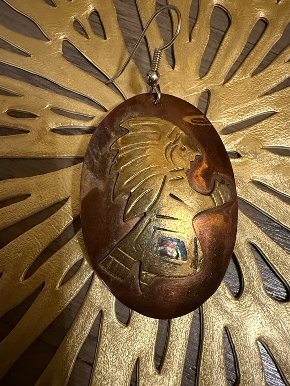 Handcrafted Mexican Copper and Brass Earrings with Abalone Inlay - Picture 4 of 9